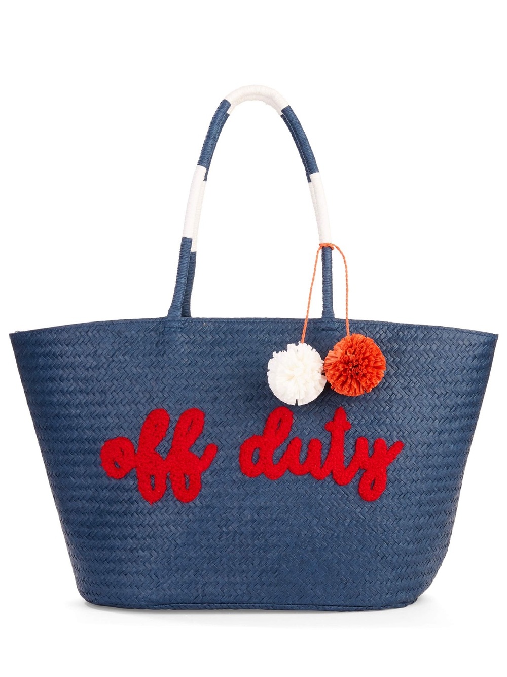 Blue 'Off Duty' Straw Tote Bag with Pom Pom Accents